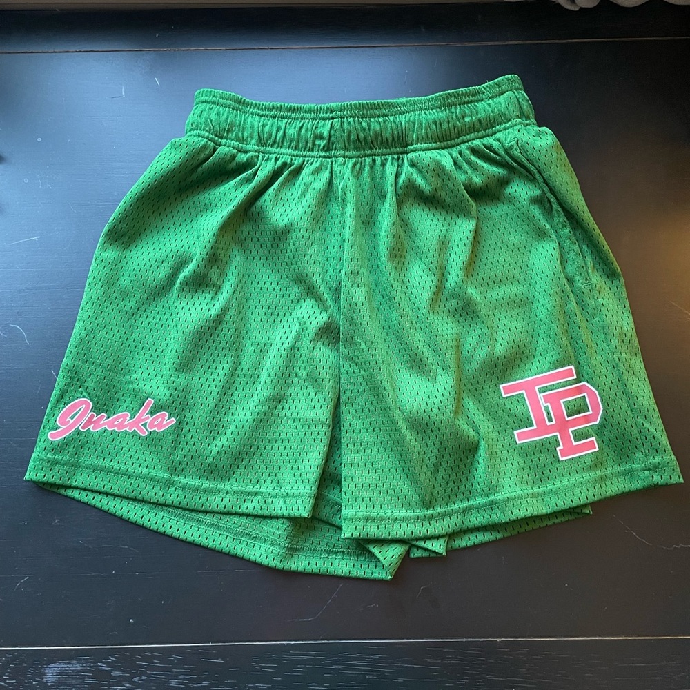 Inaka Power Green Athletic Mesh Shorts with Pink Logo